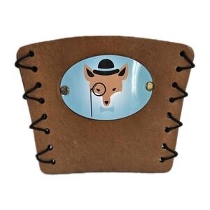 NOS Mr Fox top hat monocle metal plaque leather Beer Coozie 12 oz glass Gift USA